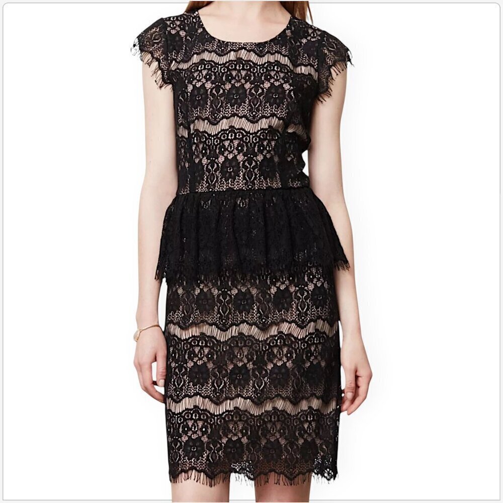 Maeve Anthropologie Elsa Black Floral Lace Peplum Cocktail Evening Dress SP